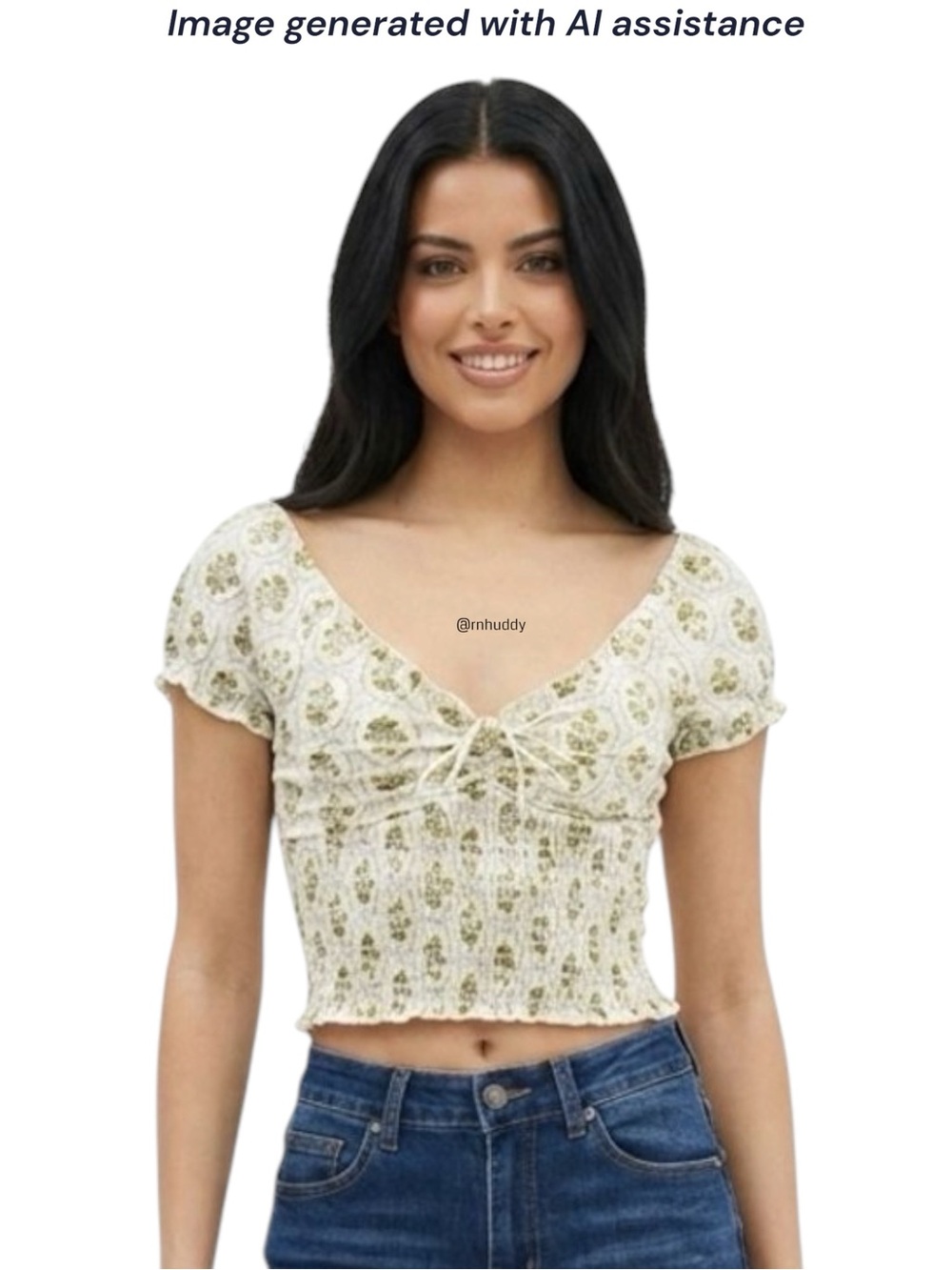 BDG M ivory blue green smocked crop top